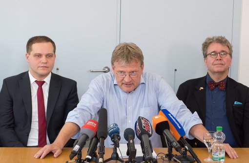 Der AfD-Fraktionsvorsitzende im Landtag von Baden-Württemberg, Jörg Meuthen (Mitte) während einer Pressekonferenz zwischen seinen Fraktionskollegen Anton Baron (links) und Heinrich Fiechtner. Foto: dpa