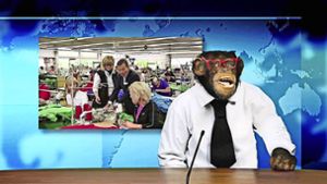Ausgestattet mit Hemd, Krawatte und Brille: Der Trigema-Affe in dem berühmten Werbespot. Im Hintergrund ist Firmenchef Wolfgang Grupp eingeblendet. Foto: Trigema