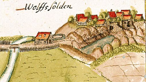 Die Ansicht von Wolfsölden des Künstlers Andreas Kieser von 1686 ist in den Forstlagerbüchern zu finden. Darin waren spezifisch im Herzogtum Württemberg die Bezirke, Eigentumsverhältnisse und Nutzungsrechte verzeichnet. Foto:  
