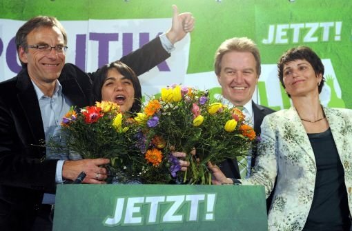 Werner Wölfle, Muhterem Aras, Franz Untersteller und Brigitte Lösch (v. li.): Alle vier Grünen Kandidaten haben in Stuttgart den Sprung in den Landtag geschafft. Foto: dpa