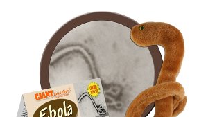 Als „Tyrannosaurus Rex der Mikroben“ bewirbt die amerikanische Spielzeugfirma Giant Microbes ein Ebola-Plüschspielzeug und verkauft es in den USA für 9,95 Dollar (etwa acht Euro).  Foto: Giantmicrobes, Inc/dpa
