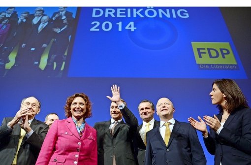 Alte und neue FDP-Größen (von links): Genscher, Beer, Lindner, Rülke, Theurer und Suding. Foto: dpa