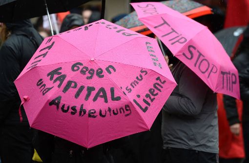 Bei Dauerregen fanden sich nur wenige Demonstranten gegen den G20-Gipfel in Baden-Baden ein. Foto: AFP