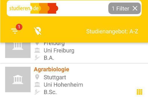 Mit der App von studieren.de kann man nach freien Studienplätzen suchen und sogar nach Orten, Hochschultypen und Abschlüssen filtern. Foto: red/studieren.de