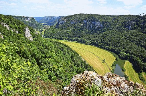 Das berühmte Panorama vom Eichfelsen im Donaubergland gleicht einem riesigen prähistorischen Tier, das sich durchs Tal schlängelt. Foto: Cyris