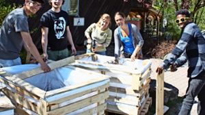 Taalke Wolf (Zweite von rechts) und ihre Kommilitonen bauen Hochbeete. Foto: Rebecca Stahlberg