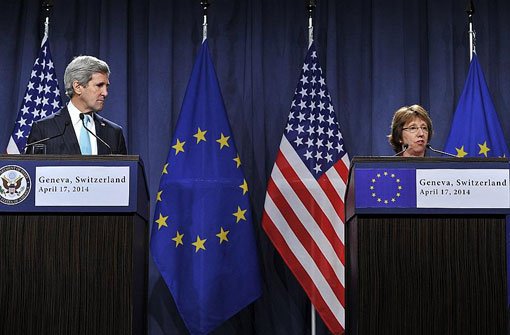 Pressekonferenz mit US-Außenminister John Kerry und EU-Beauftragte Catherine Ashton: Der in Genf beschlossener Fahrplan nährt Hoffnungen auf eine friedliche Lösung des Ukraine-Konflikts. Foto: Getty Images Europe