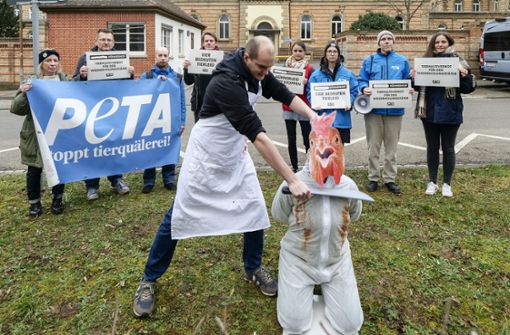 Peta hatte am Donnerstag zu einer Demonstration gegen den Hühnerhofbesitzer in Ludwigsburg aufgerufen Foto: Simon Granville/Simon Granville