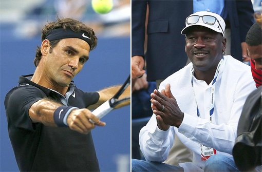 Zu Gast in Roger Federers (links) Box war kein geringerer als die US-amerikanische Basketball-Legende Michael Jordan. Er sah Federers Sieg gegen den Australier Marinko Matosevic (6:3, 6:4, 7:6 (7:4)). Foto: dpa/SIR-Montage