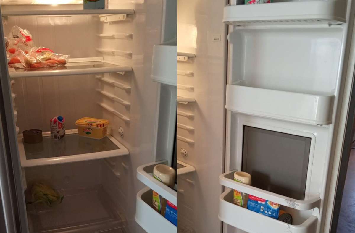 Bilder ihres leeren Kühlschranks (hier ein Zusammenschnitt zweier Fotos) hat Frau K. ihrem Ex-Mann im Frühjahr geschickt. Ihn interessierte das nicht. Foto: Privat