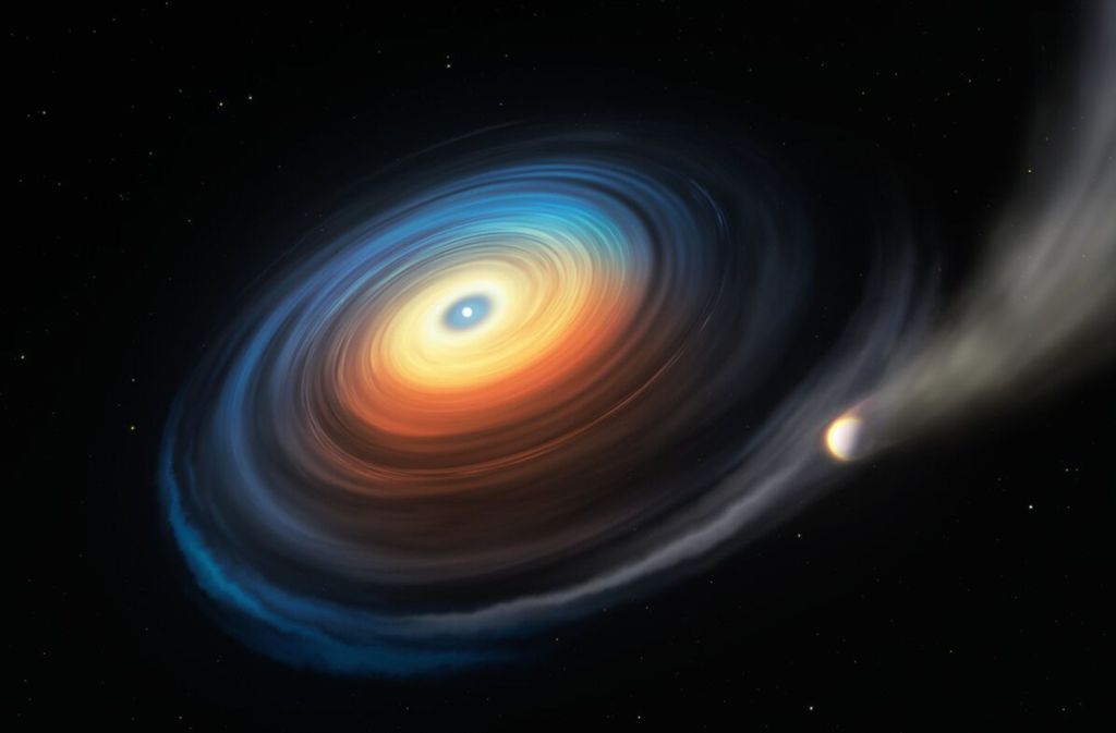 Diese Abbildung zeigt den Weißen Zwerg WDJ0914+1914 und seinen Neptun-ähnlichen Exoplaneten. Da der eisige Riese den heißen Weißen Zwerg in geringer Entfernung umkreist, streift die extreme ultraviolette Strahlung des Sterns die Atmosphäre des Planeten ab. Während das meiste dieses abgetragenen Gases entweicht, wirbelt ein Teil davon auf eine Scheibe, die ihrerseits auf den Weißen Zwerg strömt. Foto: /ESO/M. Kornmesser
