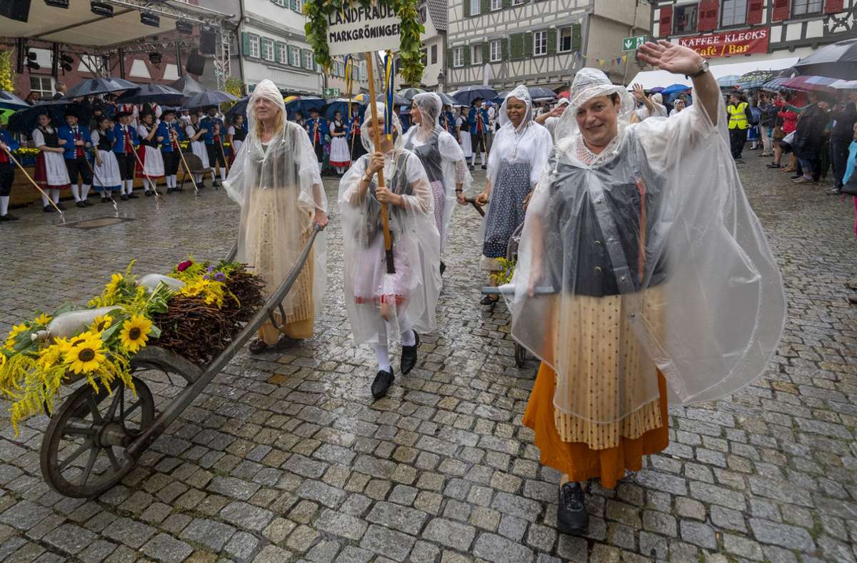 Die Landfrauen Markgröningen trotzen wie alle Festzugsteilnehmer dem Regen. Foto: /Jürgen Bach