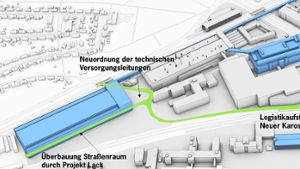 Die Otto-Dürr-Straße ist grün eingezeichnet. Links (blaues Gebäude) soll   ein  Lackierwerk für das Elektroauto gebaut werden, dessen Karosserie  in dem rechten oberen blauen Gebäude produziert wird. Das Parkhaus von Werk 4 (blau, rechts unten) wird erweitert. Foto: Porsche AG