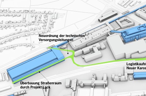 Die Otto-Dürr-Straße ist grün eingezeichnet. Links (blaues Gebäude) soll   ein  Lackierwerk für das Elektroauto gebaut werden, dessen Karosserie  in dem rechten oberen blauen Gebäude produziert wird. Das Parkhaus von Werk 4 (blau, rechts unten) wird erweitert. Foto: Porsche AG