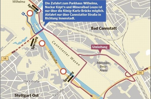 Die Bundesstraßen zwischen Gaisburger Brücke und Rosensteinbrücke sind von Freitagabend bis Montagmorgen gesperrt. Quelle: Unbekannt
