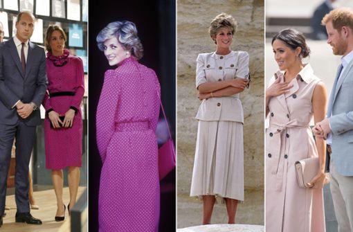 Da muss man zwei Mal hinschauen: Prinzessin Diana (Mitte) in Kleidern, die ihre Schwiegertöchter Kate (links) und Meghan (rechts) heute ganz ähnlich tragen. Foto: Imago/dpa/AP