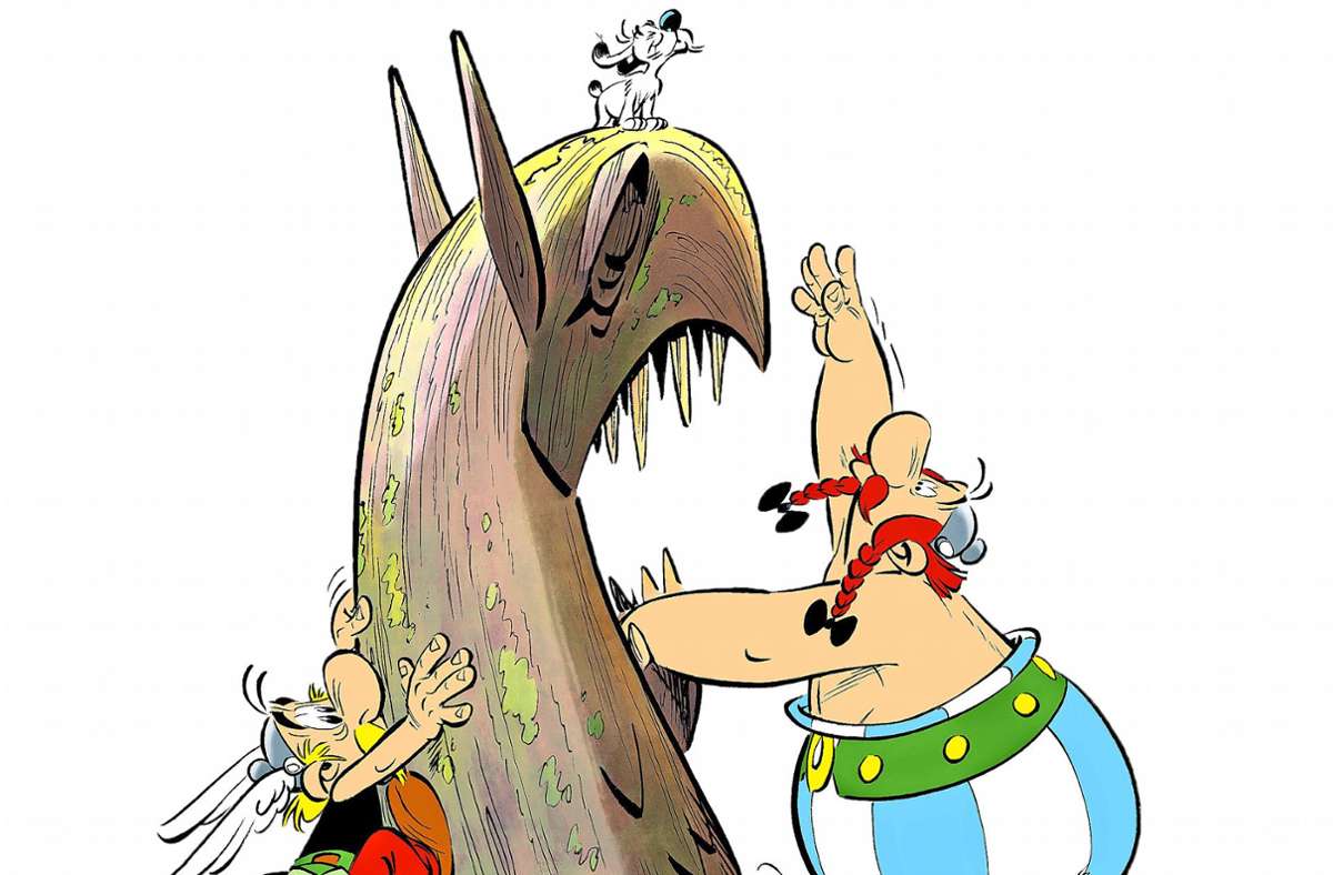 Die Gallier Asterix (links),  Obelix (rechts) und Idefix auf dem Titel des nächsten  Abenteuers „Asterix und der Greif“