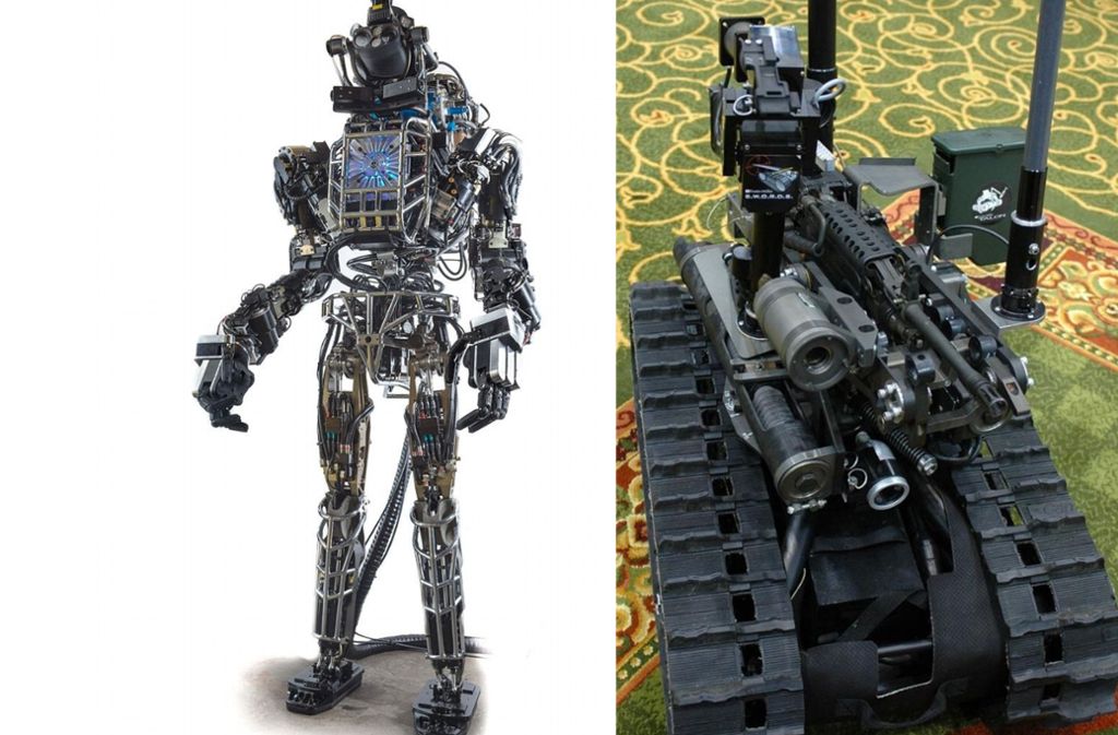 Prototyp des  humanoiden Roboters  „Atlas“ von Boston Dynamics „Atlas“ (links). Er soll für das US-Verteidigungsministerium Fahrzeuge steuern und in gefährlichen Umgebungen arbeiten. Der US-Kampfroboter SWORDS ist t das erste am Boden eingesetzte ferngesteuerte bewaffnete Robotersystem. Foto: Wikipedia commons/DARPA/