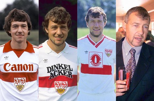 Von links: Karl Allgöwer in den Jahren 1980, 1984, 1987 und 1999. Klicken Sie sich durch unsere Bildergalerie der ehemaligen VfB-Spieler. Foto: Pressefoto Baumann/SIR-Montage
