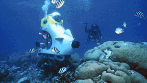 Schweben über dem Meeresgrund - mit dem Sub-Scooter die Unterwasserwelt von Mauritius erkunden. Foto: Tropical Submarine Safari