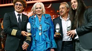 Gaby Köster 2012 bei der Verleihung des Deutschen Comedypreises (mit Atze Schröder, Wolfgang Stumph und Bülent Ceylan, v. li.). Foto: dpa