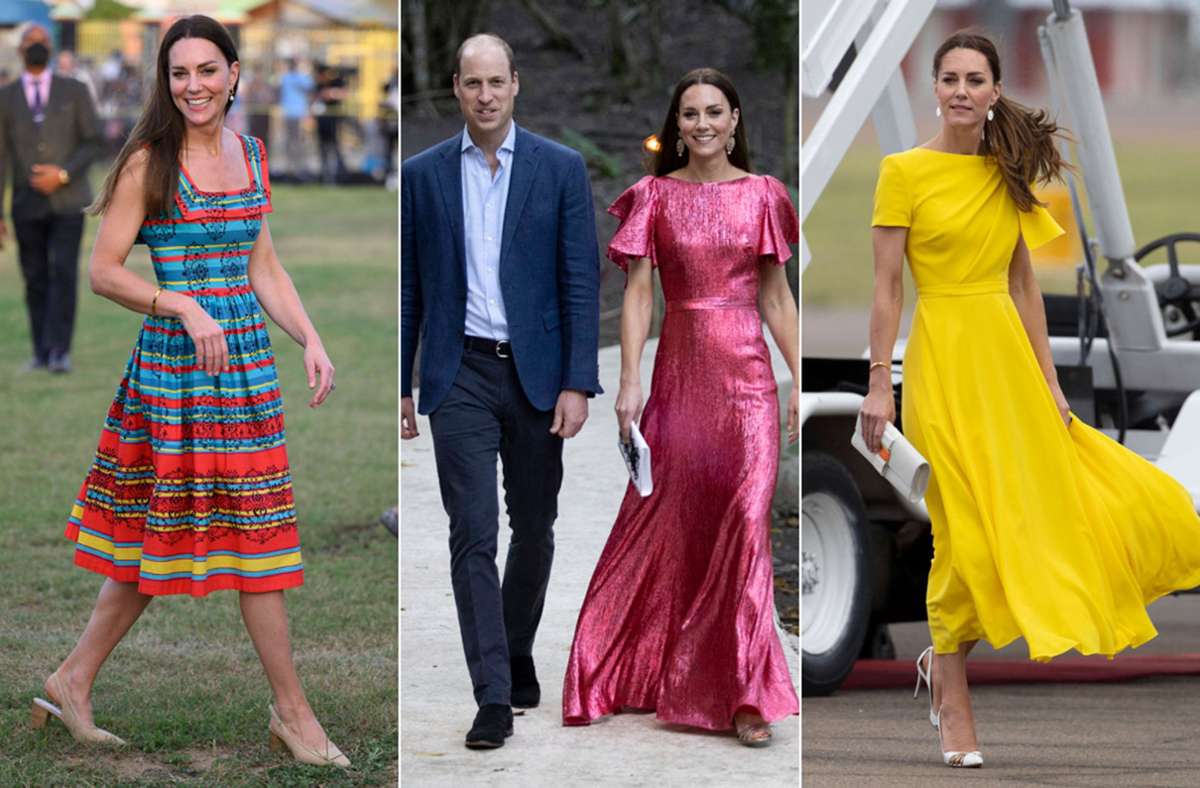 Drei Looks, zwei Länder: Herzogin Kate und Prinz William sind an der Halbzeit ihrer Karibikreise angekommen. Foto: Imago/i-Images