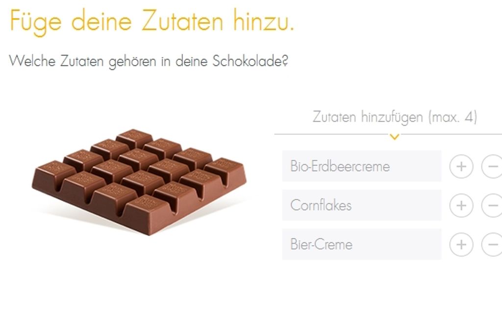 So können User des „Sorten-Kreation“- Tools ihre eigne Schokolade erfinden.
