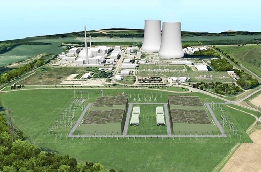 So soll der Konverter einmal aussehen: Die Anlage (vorn) steht direkt neben dem Kernkraftwerk (hinten) Foto: TransnetBW