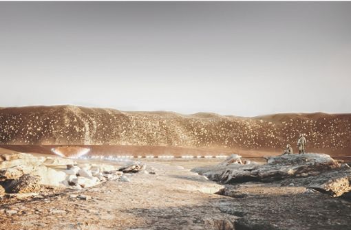 So stellen sich die Forscher eine Besiedlung des Planeten  Mars vor. In der Felswand der Klippe, die hier zu sehen ist, wären Wohnblocks, Arbeitsplätze, öffentliche Räume und Parks zu finden. Foto: ABIBOO Studio/SONet/Gonzalo Rojas
