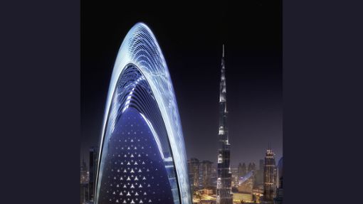 Im Zentrum von Dubai soll 2026 der erste Wohnturm von Mercedes Benz weltweit entstehen. Auf der Außenhaut sieht man lauter kleine Mercedes-Sterne. Foto: © Mercedes-Benz Group