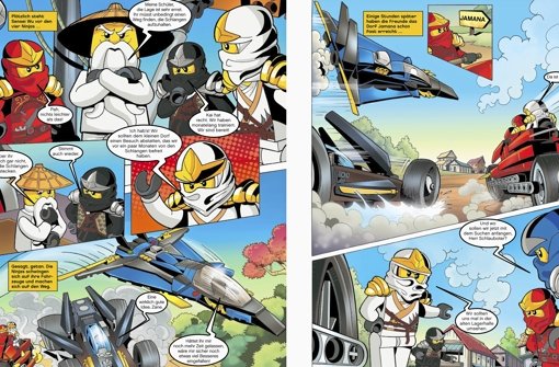 Das Bild zeigt eine Doppelseite aus dem Kindermagazin „Lego Ninjago“ des Verlags Blue Ocean Entertainment – die Comics sollen die Fantasie für Rollenspiele anregen. Foto: Firmenfoto