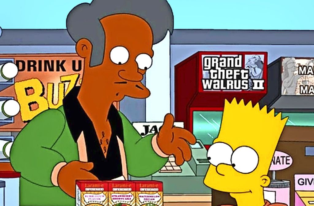 Apu, der hier  Bart Simpson seine Waren anpreist, stößt manchem sauer auf. Foto: Fox