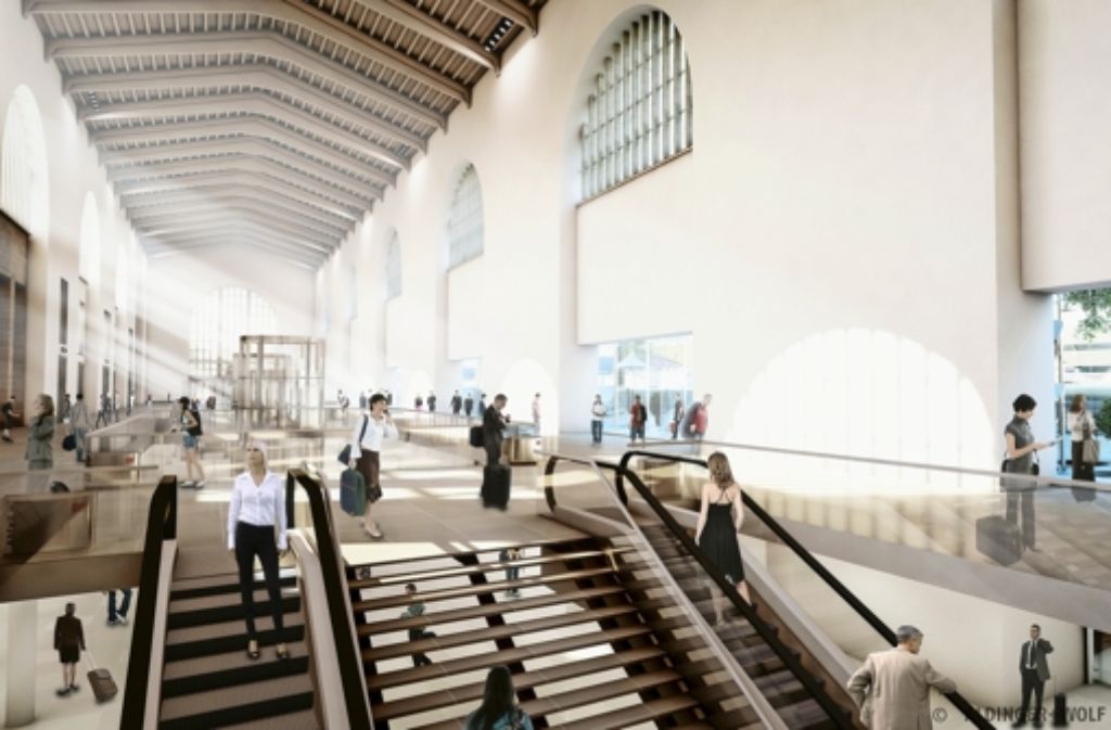 Neue  Funktion für die alte Kopfbahnsteighalle: Der Zugang zu den Gleisen des Tiefbahnhofs liegt eine Etage darunter Foto: Visualisierung Aldinger & Wolf
