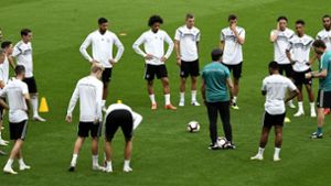 Bundestrainer Joachim Löw im Kreis der Nationalspieler – einige von ihnen dürfen den SV Lindenau in Leipzig besuchen. Foto: dpa