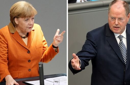 Die SPD hat nach dem TV-Duell zwischen Peer Steinbrück (SPD, rechts) und Kanzerlin Angela Merkel (CDU, links) in der Wählergunst leicht zugelegt. In einem Forsa-Wahltrend gewann die SPD im Vergleich zur Vorwoche einen Prozentpunkt hinzu und kam auf 23 Prozent. Foto: dpa