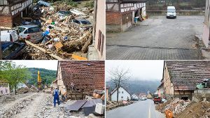 Zwischen diesen Bildern liegen etwa sieben Monate: Sie zeigen Teile der Gemeinde Braunsbach (Baden-Württemberg) kurz nach der Flutkatastrophe im Mai 2016 (links unten und oben) und ein halbes Jahr später, aufgenommen im Dezember. Foto: dpa