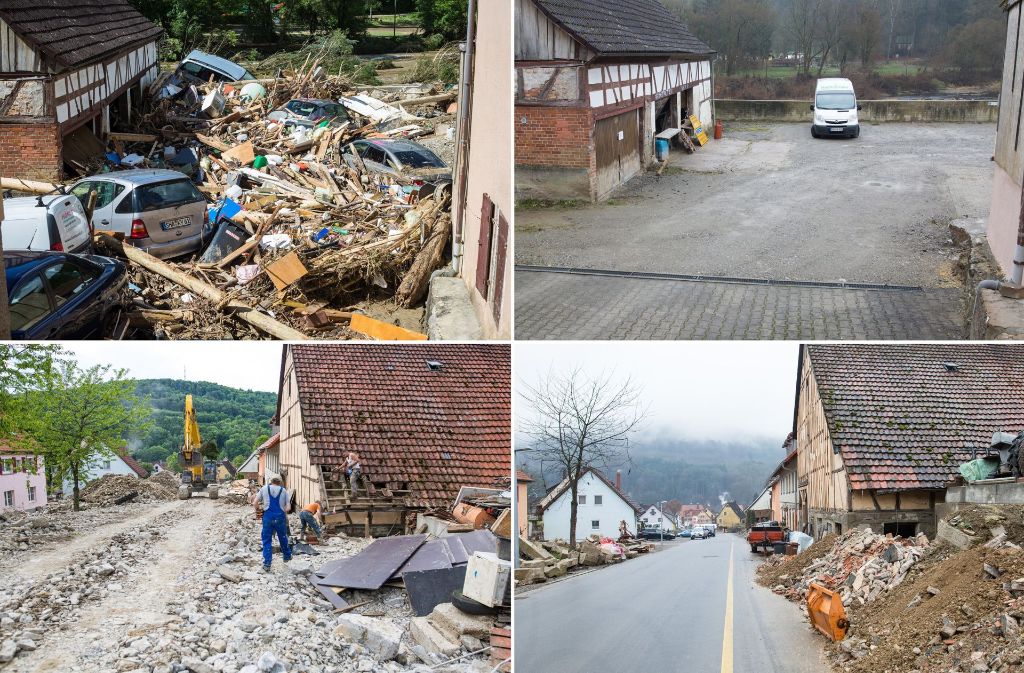 Zwischen diesen Bildern liegen etwa sieben Monate: Sie zeigen Teile der Gemeinde Braunsbach (Baden-Württemberg) kurz nach der Flutkatastrophe im Mai 2016 (links unten und oben) und ein halbes Jahr später, aufgenommen im Dezember.