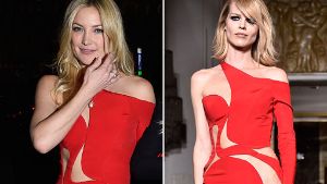 Zwei Frauen, (fast) das gleiche Kleid: Schauspielerin Kate Hudson (links) und Topmodel Eva Herzigova bei Donatella Versaces Haute-Couture-Schau in Paris. Foto: Getty Images