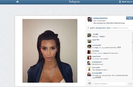Kim Kardashian - Werzeihung, Kim West - hat auf Instagram ihr neues Passfoto gezeigt. Foto: Instagram/Sceenshot: SIR