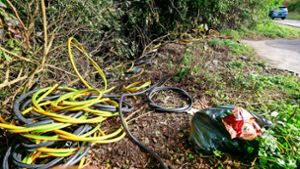 Keine Gartenschläuche: Die gelben und schwarzen Röhren im Gebüsch nahe der Renninger Straße sind Überreste von Kabeldiebstahl. Foto: Simon Granville