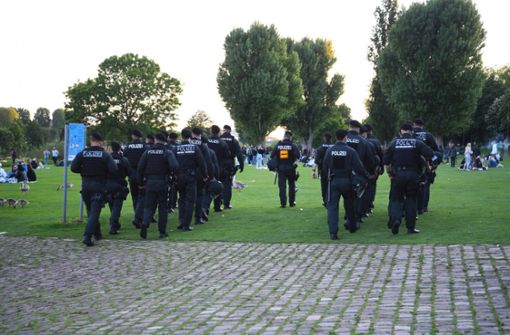Polizeibeamte gehen in Heidelberg über die  Neckarwiese. Foto: dpa/Rene Priebe