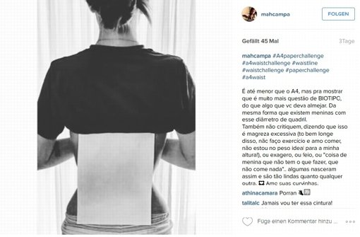 Ein Foto auf dem sozialen Netzwerk Instagram zeigte eine Teilnehmerin der sogenannten „A4-Waist-Challenge“. Foto: Screenshot Instagram/mahcampa