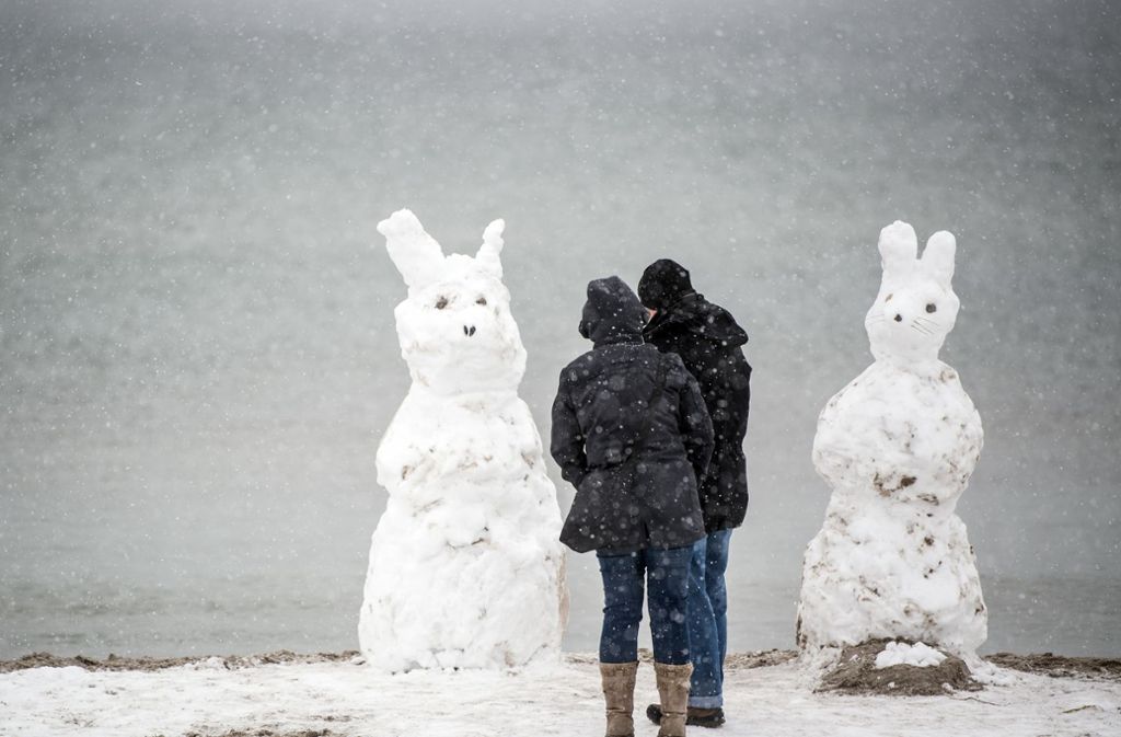 Ostern im Schnee: „Osterhasen-Schneemänner“ auf der Ostseeinsel Fehmarn
