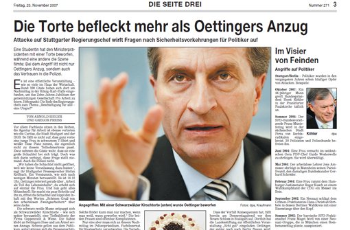 Günther Oettinger wurde 2007 bei einer Rede mit einer Schwarzwälder-Kirschtorte beworfen Foto: StN
