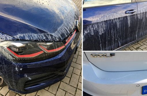 Die undatieren Polizeifotos zeigen mit Klebstoff beschädigte Autos der Marke Volkswagen in Wolfsburg. Foto: Polizei Wolfsburg
