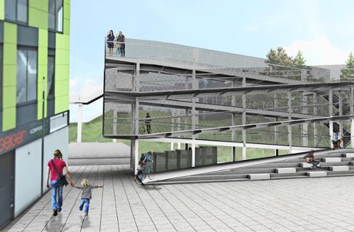 Der Banhofsvorplatz wird umgestaltet. Unter anderem ist ein Fahrradparkhaus am Einkaufszentrum geplant. Foto: factum/Weise, Animation: Büro Kmippers Helbig, Stadt Ditzingen