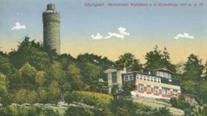 Früher: Der 36 Meter hohe Hasenbergturm, der 1943 gesprengt wurde und das ehemalige Ausflugslokal Waldhaus. Foto: Sammlung Wolfgang Müller