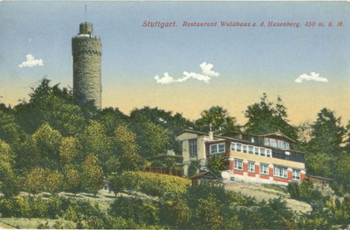 Früher: Der 36 Meter hohe Hasenbergturm, der 1943 gesprengt wurde und das ehemalige Ausflugslokal Waldhaus. Foto: Sammlung Wolfgang Müller