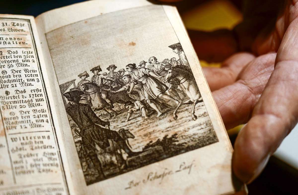 Eine Abbildung im „Wirtembergischen Hof-Calender“ von 1790. Sie soll die älteste Illustration des Schäferlaufs sein. Foto: Simon Granville