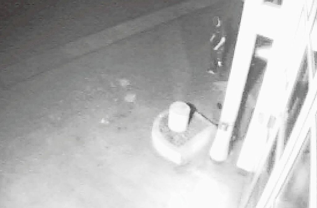 Eine Videoaufnahme zeigt eine dunkel gekleidete Gestalt, die in einem Abfallcontainer am Bürgerzentrum ein Feuer legt.